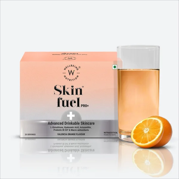 Wellbeing Nutrition Skin Fuel Pro+ Valencia Orange Flavour Powder, 84 gm (3gm x 28 Sachets), Pack of 1