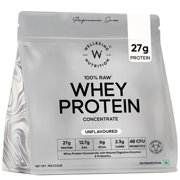 Wellbeing Nutrition 100% Raw Whey Protein Concentrate Unflavoured Powder, 1 kg, Pack of 1