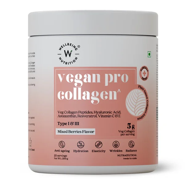 Wellbeing Nutrition Vegan Pro Collagen Type I&amp;III Mix Berries Flavour Powder, 200 gm, Pack of 1