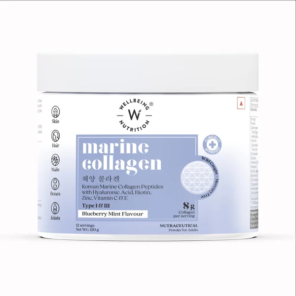 Wellbeing Nutrition Marine Collagen Type I&amp;III Blueberry Flavour Powder, 120 gm, Pack of 1