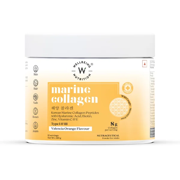 Wellbeing Nutrition Marine Collagen Type I&amp;III Valencia Orange Flavour Powder, 120 gm, Pack of 1