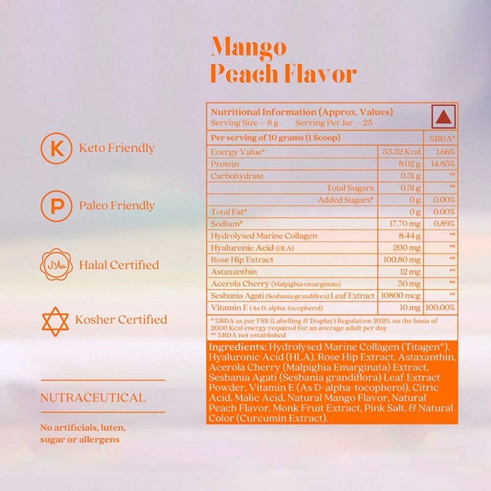Wellbeing Nutrition Beauty Collagen 8000 mg Mango Peach Flavour Powder, 250 gm, Pack of 1 