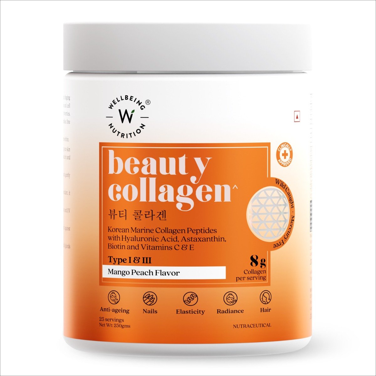 Wellbeing Nutrition Beauty Marine Collagen with Hyaluronic Acid, Biotin & Vitamins Mango Peach Flavour Powder, 250 gm, Pack of 1 Wellbeing Nutrition Beauty Marine Collagen with Hyaluronic Acid, Biotin & Vitamins Mango Peach Flavour Powder, 250 gm, Pack of 1