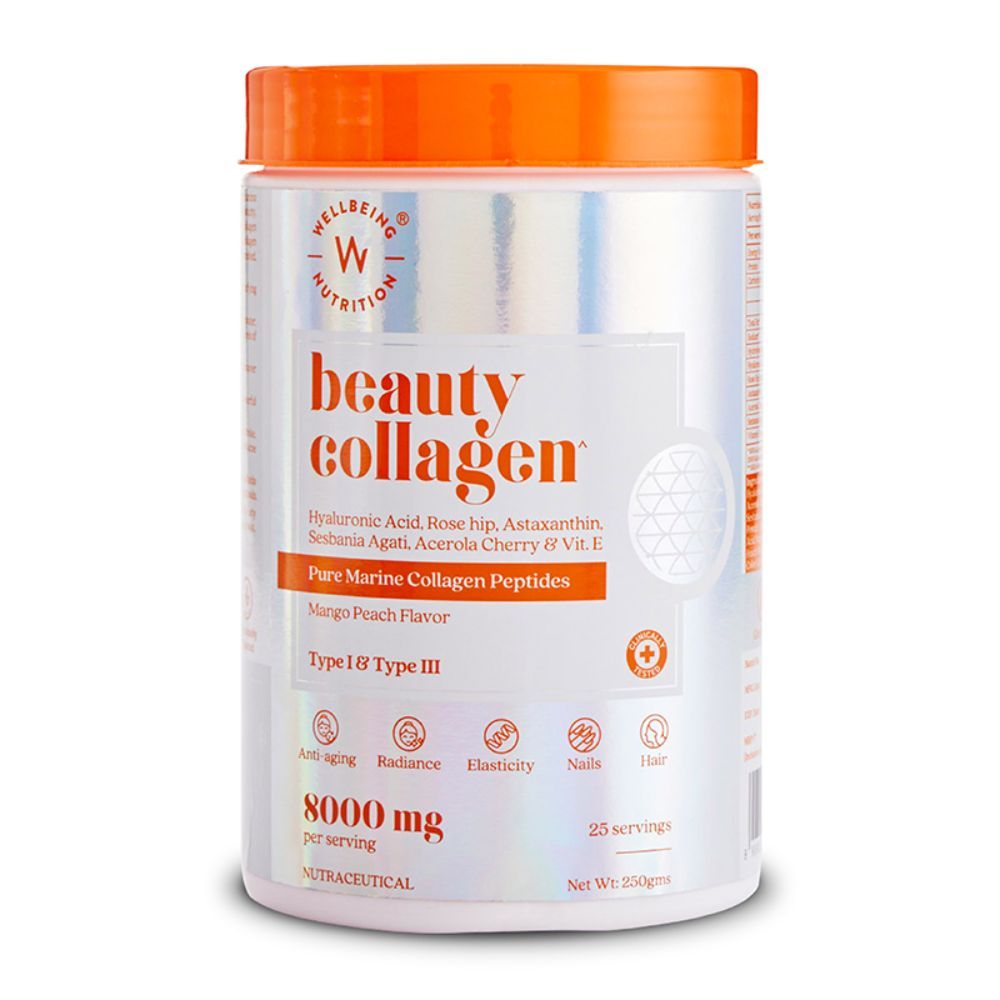 Wellbeing Nutrition Beauty Collagen 8000 mg Mango Peach Flavour Powder, 250 gm, Pack of 1 