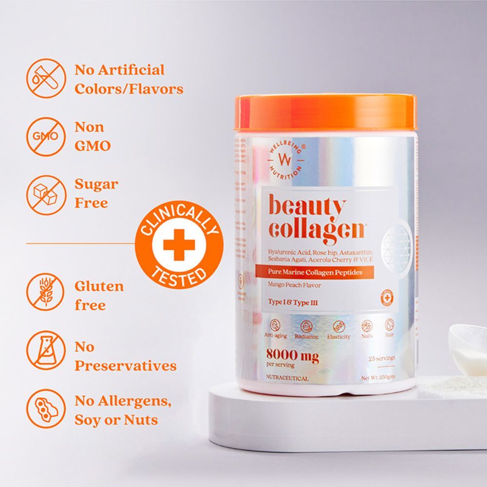 Wellbeing Nutrition Beauty Collagen 8000 mg Mango Peach Flavour Powder, 250 gm, Pack of 1 