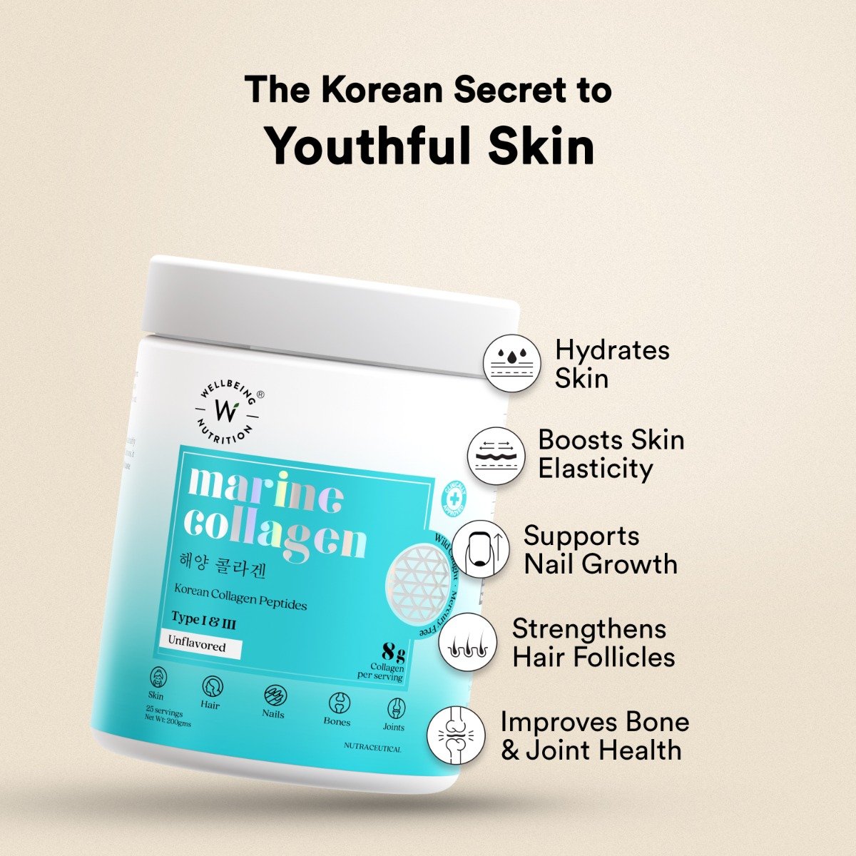 Wellbeing Nutrition Pure Korean Marine Collagen Supplements Powder, 200 gm, Pack of 1 Wellbeing Nutrition Pure Korean Marine Collagen Supplements Powder, 200 gm, Pack of 1