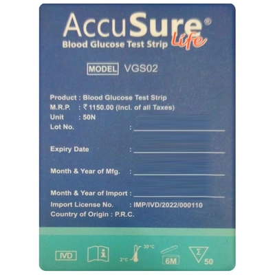 Accusure Life Blood Glucometer Test Strips, 50 Count, Pack of 1