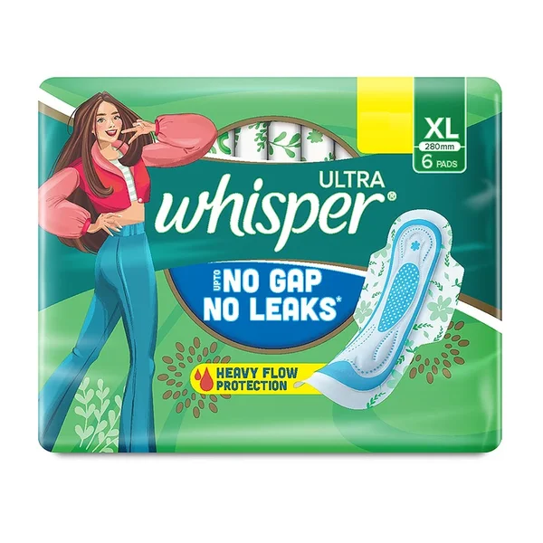 Whisper Ultra Upto No Gap No Leaks Sanitary Pads XL,  6 Count, Pack of 1
