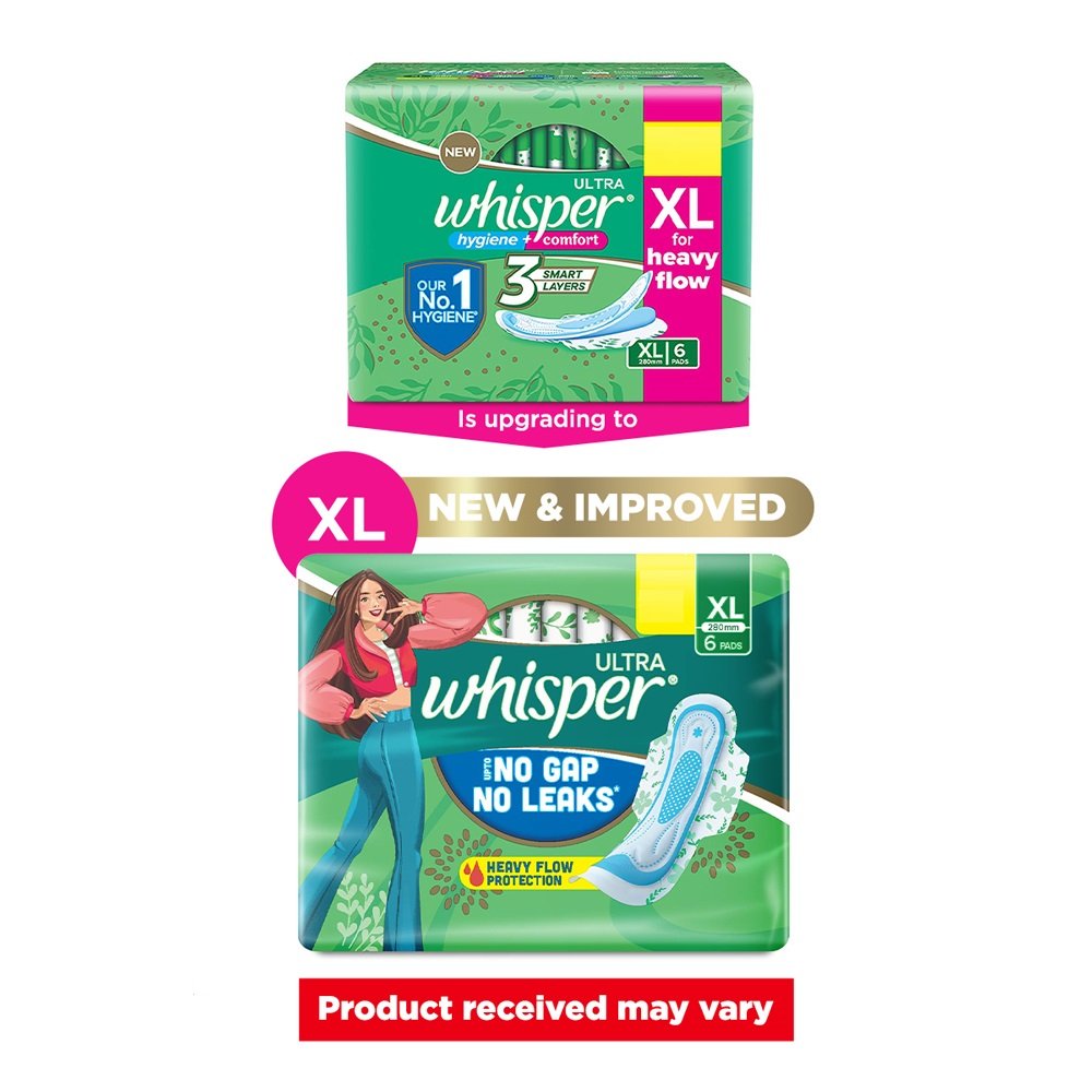 Whisper Ultra Upto No Gap No Leaks Sanitary Pads XL, 6 Count, Pack of 1 Whisper Ultra Upto No Gap No Leaks Sanitary Pads XL, 6 Count, Pack of 1
