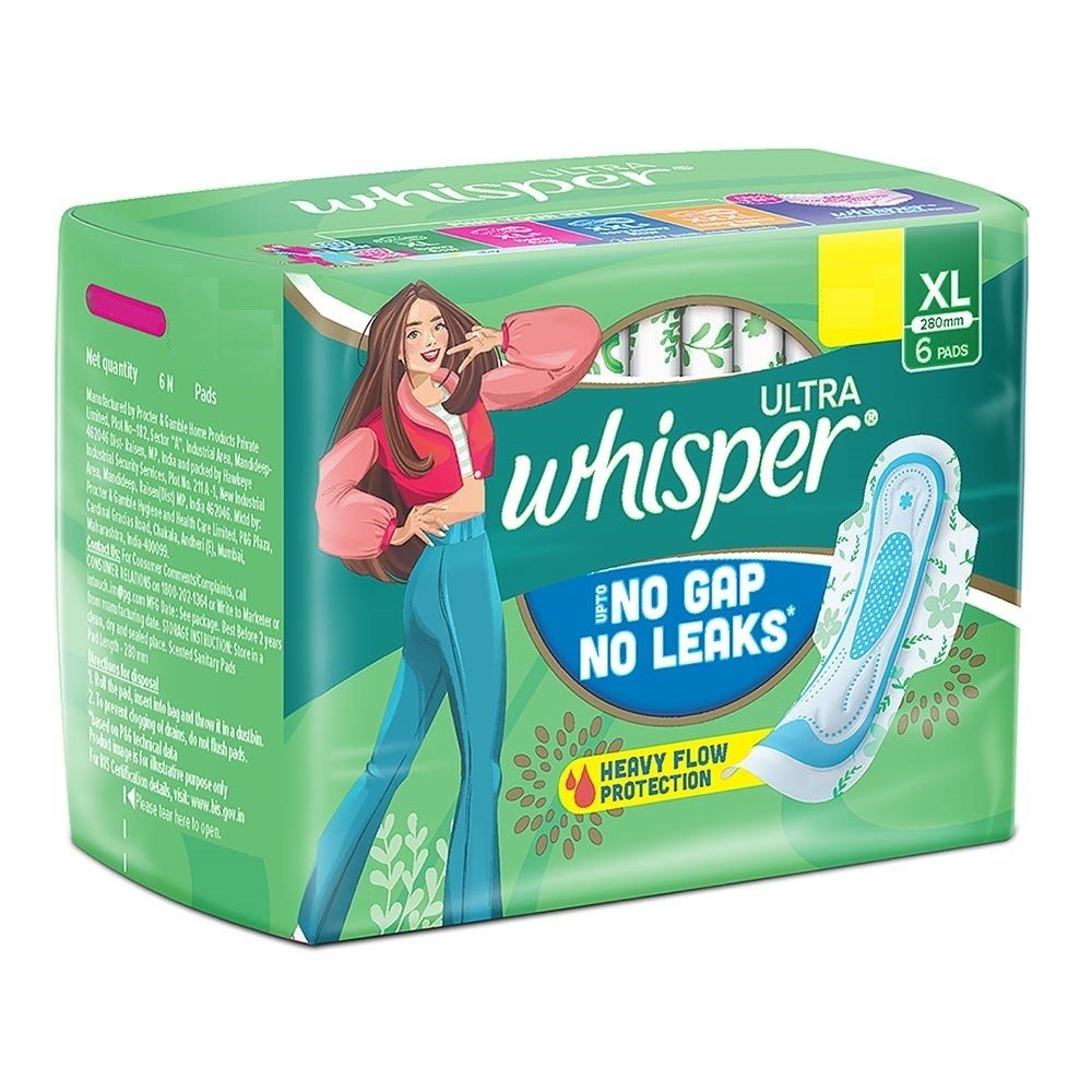 Whisper Ultra Upto No Gap No Leaks Sanitary Pads XL, 6 Count, Pack of 1 Whisper Ultra Upto No Gap No Leaks Sanitary Pads XL, 6 Count, Pack of 1
