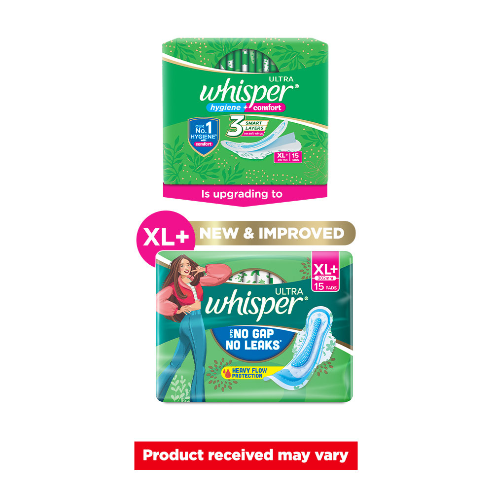 Whisper Ultra Upto No Gap No Leaks Sanitary Pads XL+, 15 Count, Pack of 1 Whisper Ultra Upto No Gap No Leaks Sanitary Pads XL+, 15 Count, Pack of 1