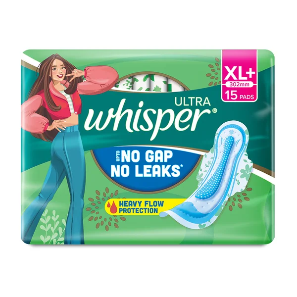 Whisper Ultra Upto No Gap No Leaks Sanitary Pads XL+,  15 Count, Pack of 1