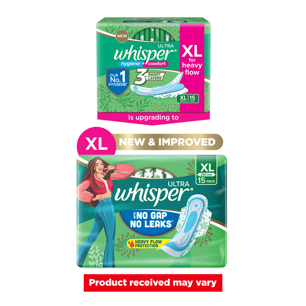 Whisper Ultra Upto No Gap No Leaks Sanitary Pads XL, 15 Count, Pack of 1 Whisper Ultra Upto No Gap No Leaks Sanitary Pads XL, 15 Count, Pack of 1