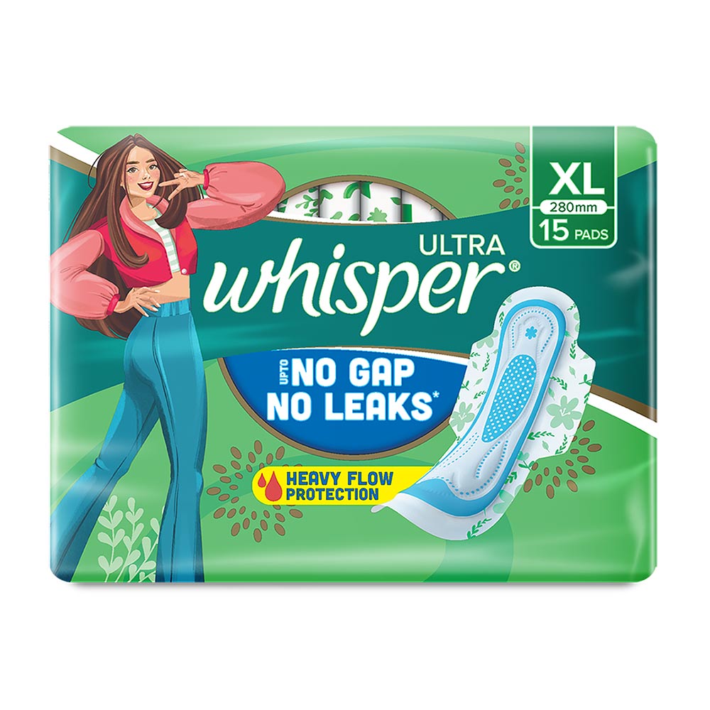 Whisper Ultra Upto No Gap No Leaks Sanitary Pads XL, 15 Count, Pack of 1 Whisper Ultra Upto No Gap No Leaks Sanitary Pads XL, 15 Count, Pack of 1