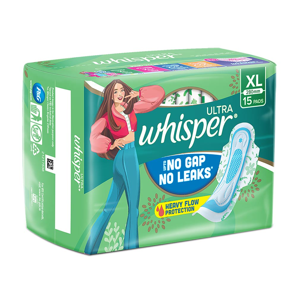 Whisper Ultra Upto No Gap No Leaks Sanitary Pads XL, 15 Count, Pack of 1 Whisper Ultra Upto No Gap No Leaks Sanitary Pads XL, 15 Count, Pack of 1