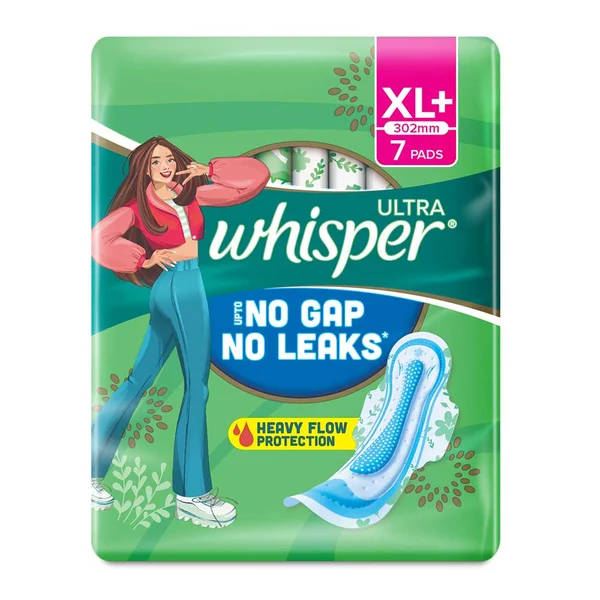 Whisper Ultra Upto No Gap No Leaks Sanitary Pads XL+,  7 Count, Pack of 1