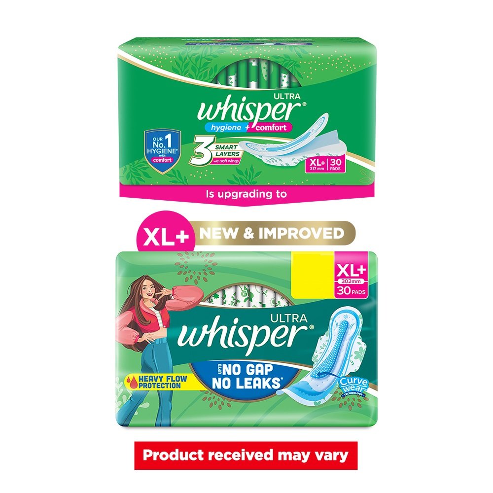 Whisper Ultra Upto No Gap No Leaks Sanitary Pads XL+,  30 Count, Pack of 1 Whisper Ultra Upto No Gap No Leaks Sanitary Pads XL+,  30 Count, Pack of 1