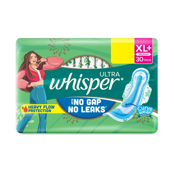 Whisper Ultra Upto No Gap No Leaks Sanitary Pads XL+,  30 Count, Pack of 1