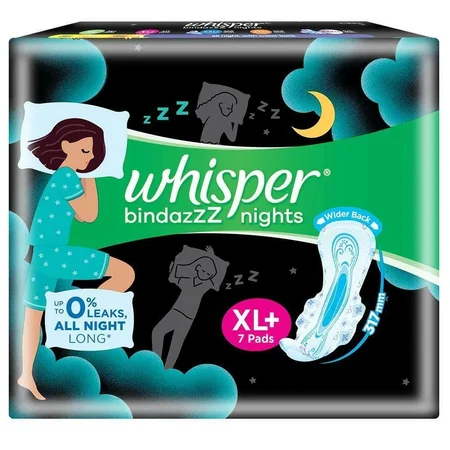 Whisper Bindazzz Ultra Nights Sanitary Pads XL+, 7 Count