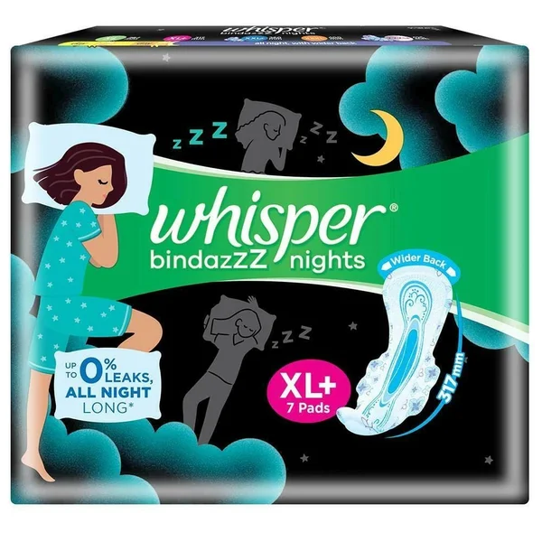 Whisper Bindazzz Ultra Nights Sanitary Pads XL+, 7 Count, Pack of 1