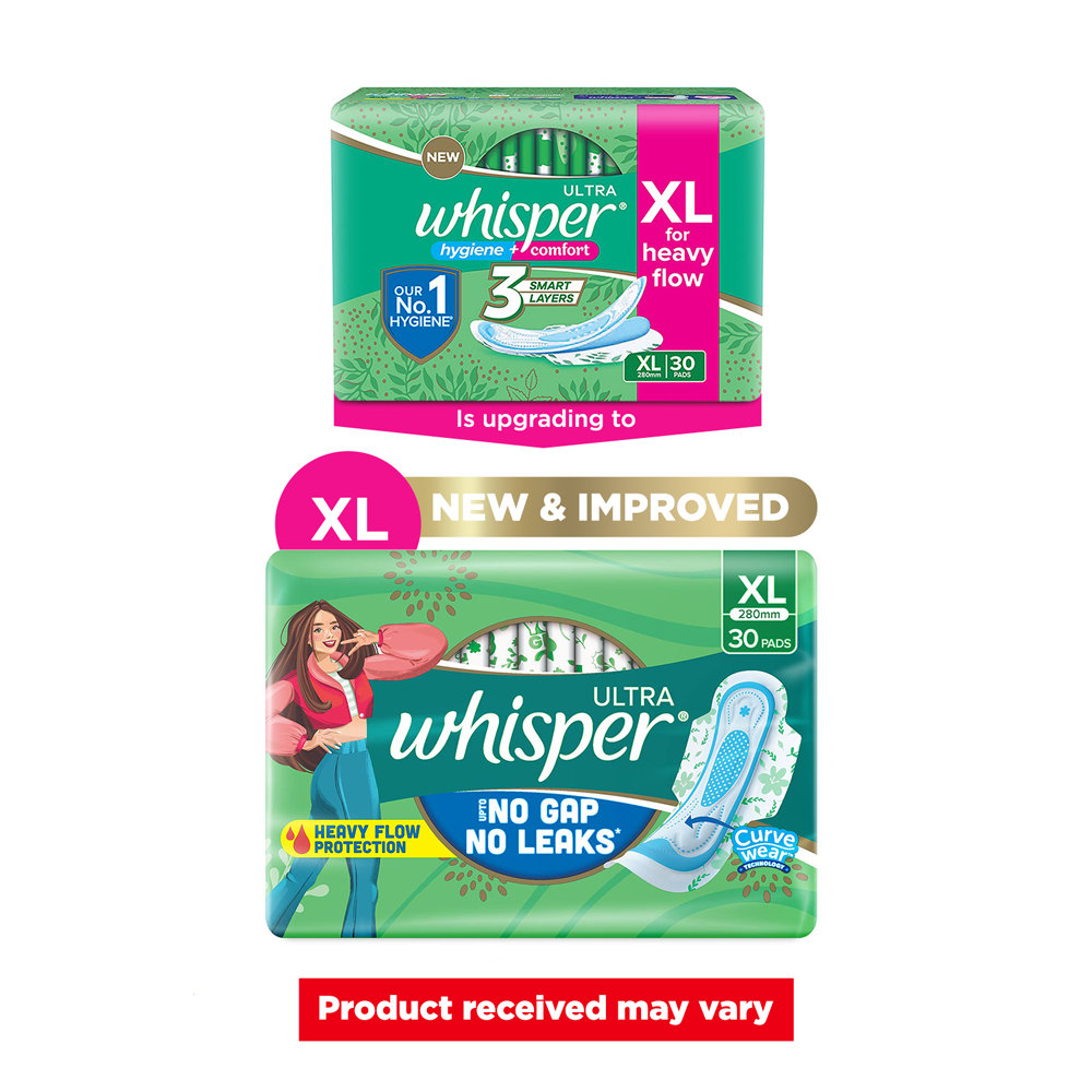 Whisper Ultra Upto No Gap No Leaks Sanitary Pads XL, 30 Count, Pack of 1 Whisper Ultra Upto No Gap No Leaks Sanitary Pads XL, 30 Count, Pack of 1