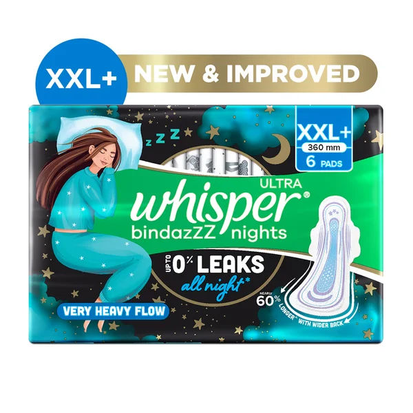 Whisper Bindazzz Ultra Nights Sanitary Pads XXL+,  6 Count