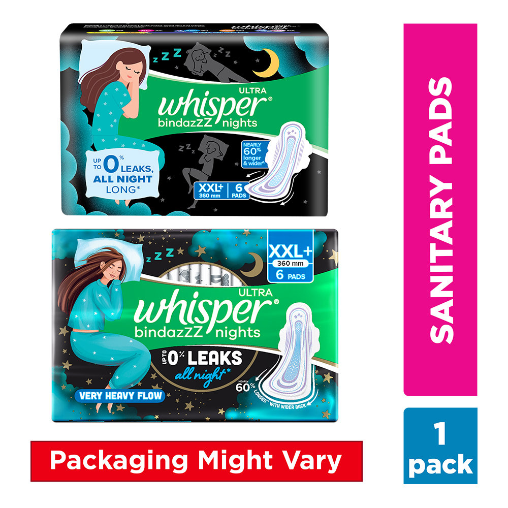 Whisper Bindazzz Ultra Nights Sanitary Pads XXL+, 6 Count, Pack of 1 Whisper Bindazzz Ultra Nights Sanitary Pads XXL+, 6 Count, Pack of 1