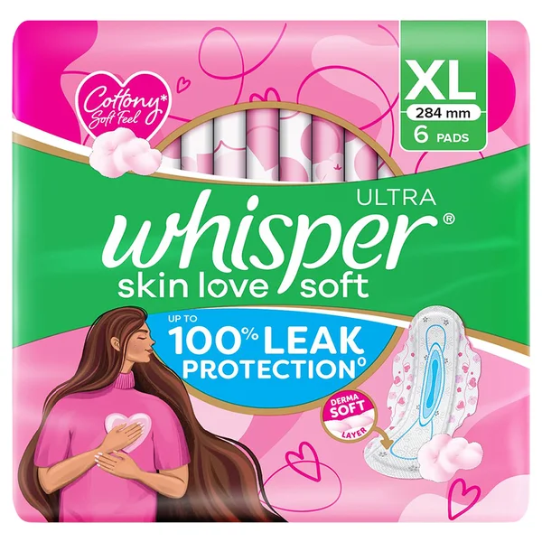 Whisper Ultra Skin Love Soft Sanitary Pads for Women XL, 6 Count, Pack of 1