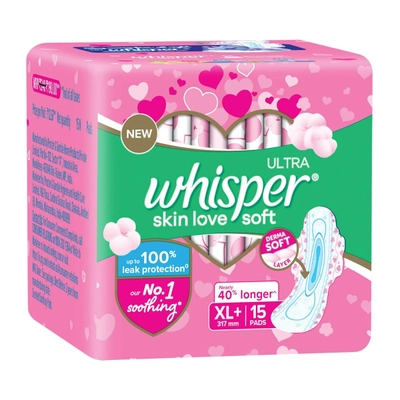 Whisper Ultra Skin Love Soft Sanitary Pads XL+, 15 Count, Pack of 1