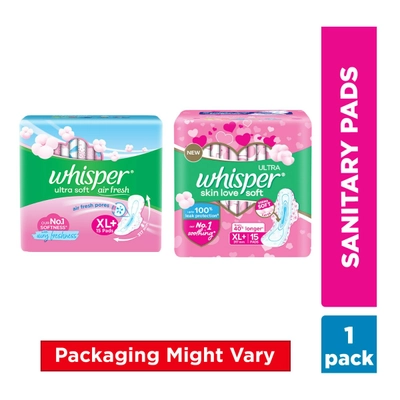 Whisper Ultra Skin Love Soft Sanitary Pads XL+, 15 Count, Pack of 1