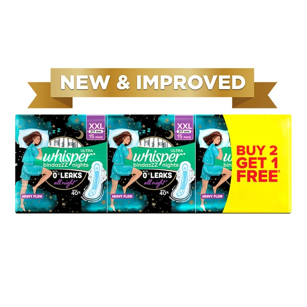 Whisper Bindazzz Ultra Nights Sanitary Pads XXL, 45 Count (Buy 2 Get 1 Free), Pack of 1