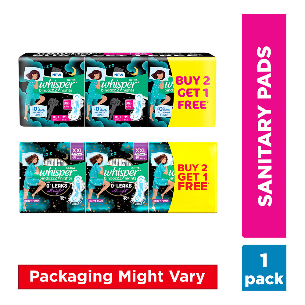 Whisper Bindazzz Ultra Nights Sanitary Pads XXL, 45 Count (Buy 2 Get 1 Free), Pack of 1 Whisper Bindazzz Ultra Nights Sanitary Pads XXL, 45 Count (Buy 2 Get 1 Free), Pack of 1
