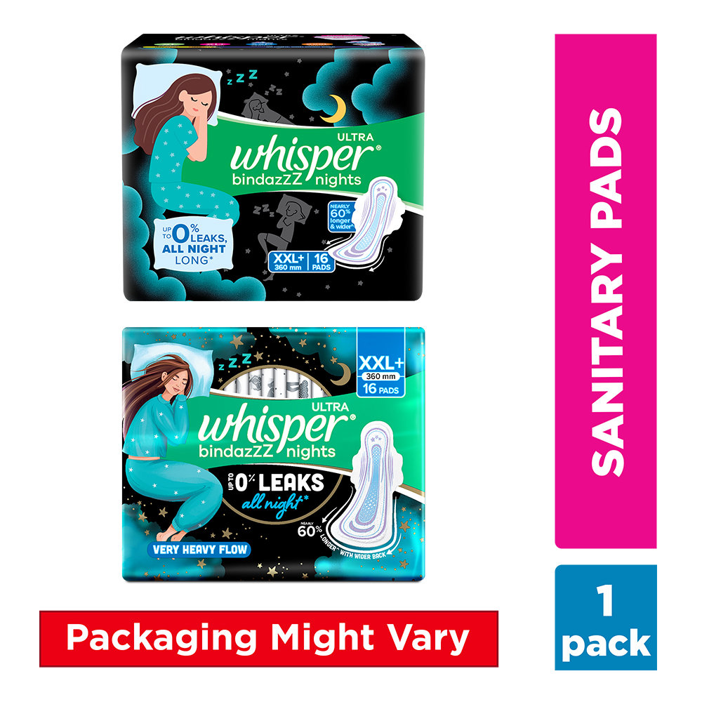 Whisper Bindazzz Nights Sanitary Pads XXL+, 16 Count, Pack of 1 Whisper Bindazzz Nights Sanitary Pads XXL+, 16 Count, Pack of 1
