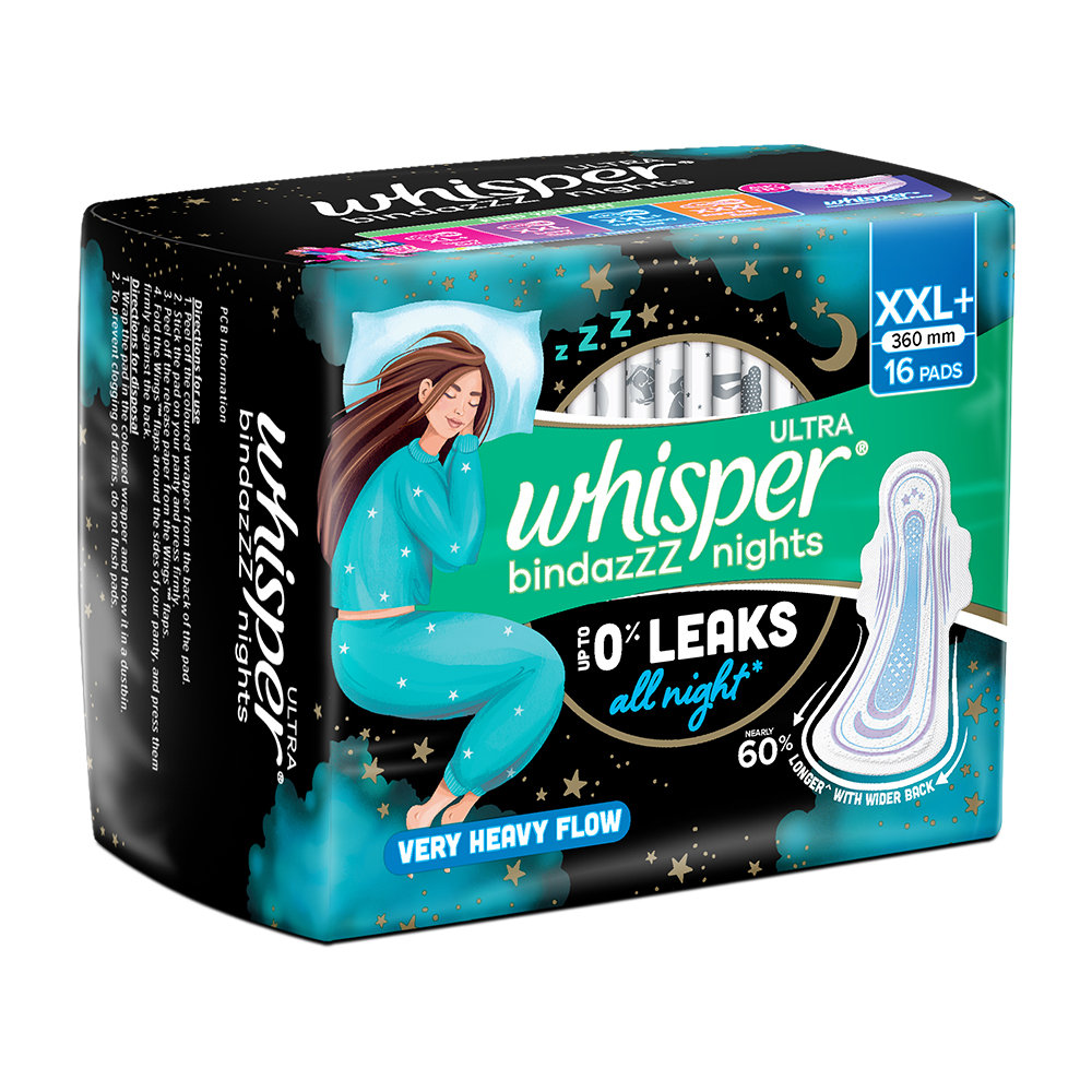 Whisper Bindazzz Nights Sanitary Pads XXL+, 16 Count, Pack of 1 Whisper Bindazzz Nights Sanitary Pads XXL+, 16 Count, Pack of 1