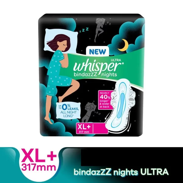 Whisper Bindazzz Ultra Nights Sanitary Pads XL+, 40 Count, Pack of 1