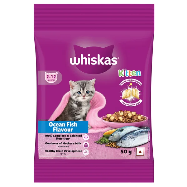 Whiskas Kitten Ocean Fish Flavour Dry Food, 50 gm, Pack of 1