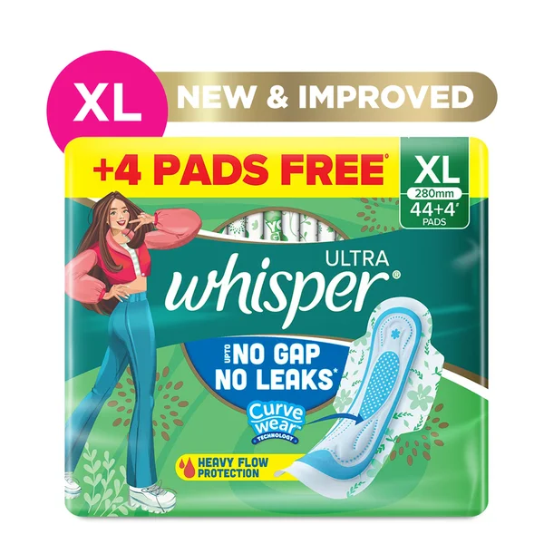Whisper Ultra Upto No Gap No Leaks Sanitary Pads XL,  44 Count, Pack of 1