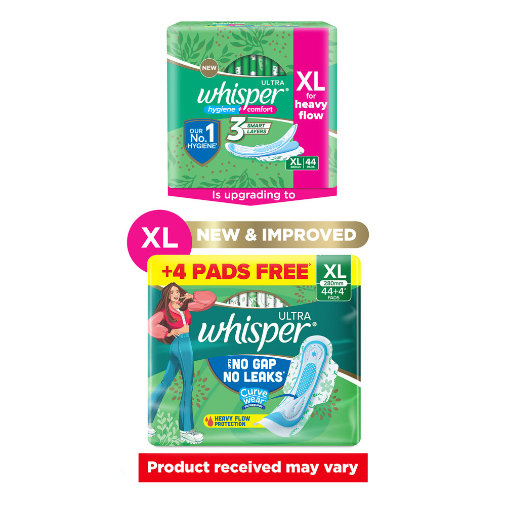 Whisper Ultra Upto No Gap No Leaks Sanitary Pads XL, 44 Count, Pack of 1 Whisper Ultra Upto No Gap No Leaks Sanitary Pads XL, 44 Count, Pack of 1