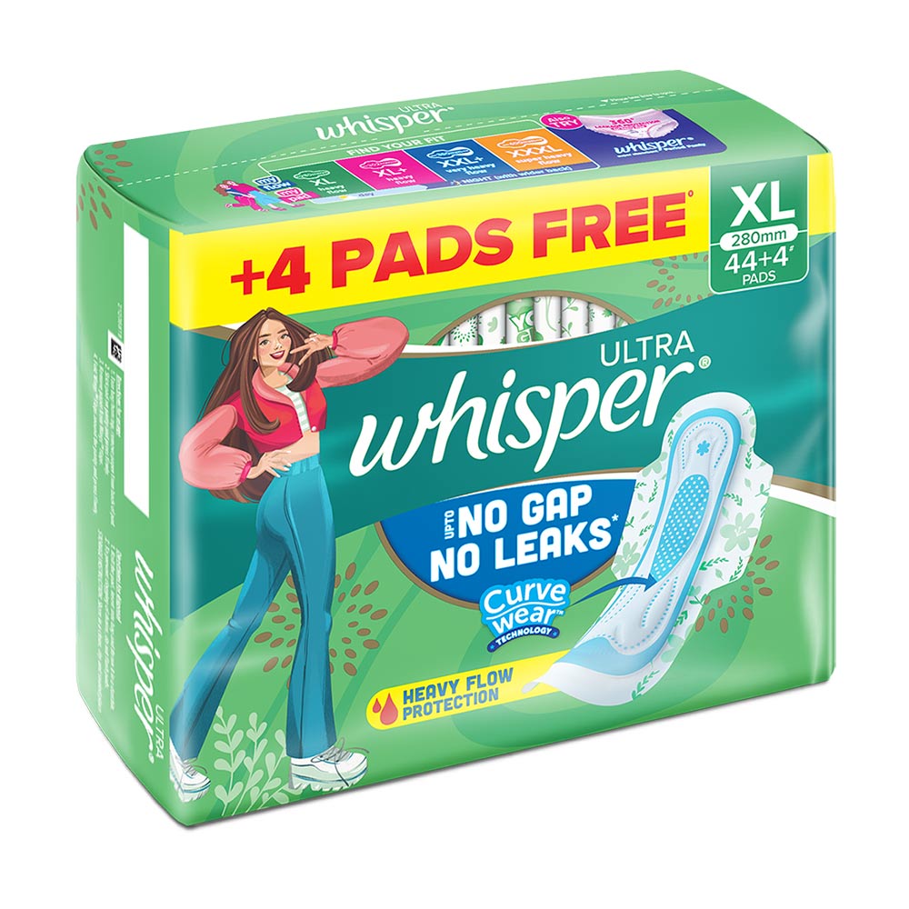 Whisper Ultra Upto No Gap No Leaks Sanitary Pads XL, 44 Count, Pack of 1 Whisper Ultra Upto No Gap No Leaks Sanitary Pads XL, 44 Count, Pack of 1