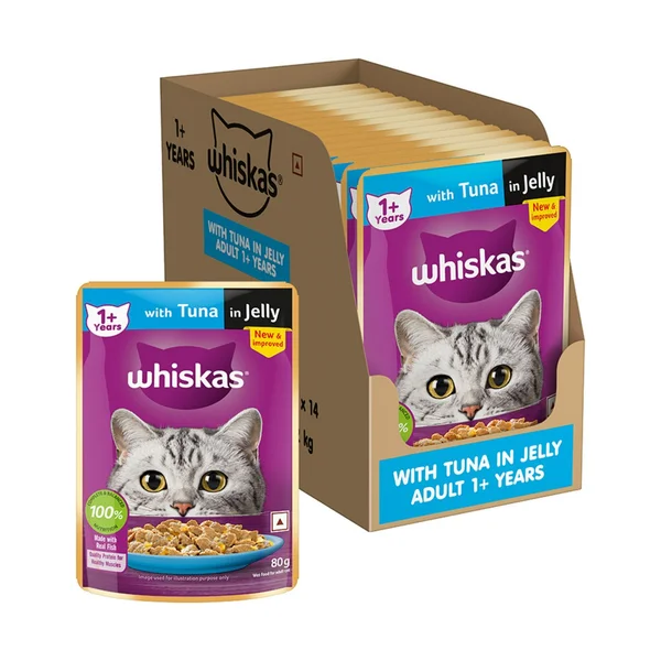 Whiskas Tuna In Jelly Wet Food for Adult Cat, 1.12 kg (80gm 14 Sachets), Pack of 1
