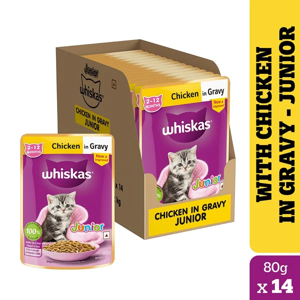 Whiskas Chicken In Gravy Wet Food for Junior Cat, 1.12 kg  (80gm x 14 Sachets), Pack of 1
