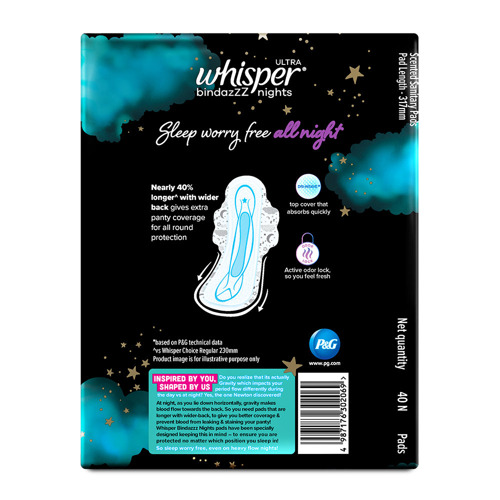 Whisper Bindazzz Ultra Nights Sanitary Pads XXL, 40 Count, Pack of 1 Whisper Bindazzz Ultra Nights Sanitary Pads XXL, 40 Count, Pack of 1
