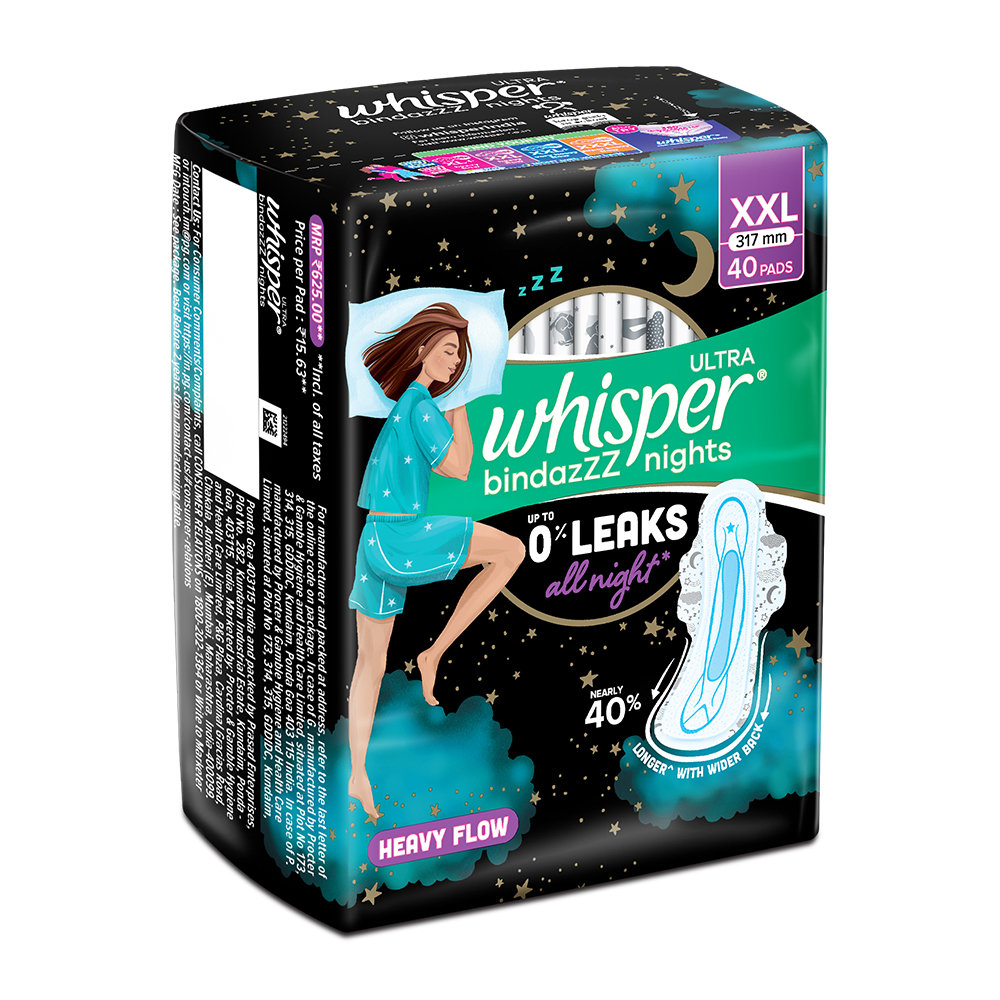 Whisper Bindazzz Ultra Nights Sanitary Pads XXL, 40 Count, Pack of 1 Whisper Bindazzz Ultra Nights Sanitary Pads XXL, 40 Count, Pack of 1