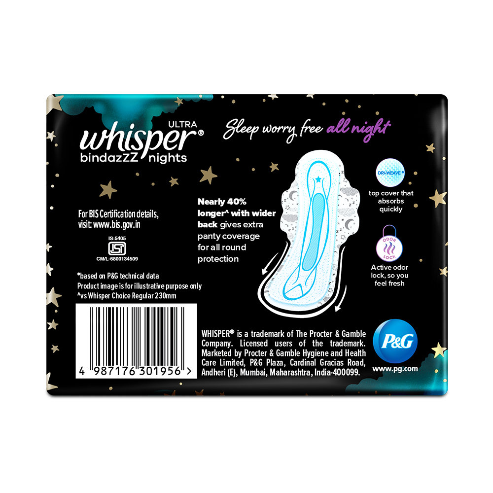 Whisper Bindazzz Ultra Nights Sanitary Pads XXL, 7 Count, Pack of 1 Whisper Bindazzz Ultra Nights Sanitary Pads XXL, 7 Count, Pack of 1