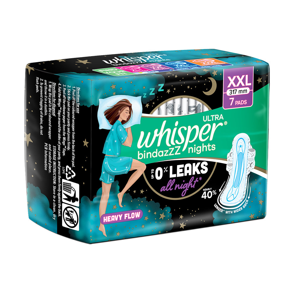 Whisper Bindazzz Ultra Nights Sanitary Pads XXL, 7 Count, Pack of 1 Whisper Bindazzz Ultra Nights Sanitary Pads XXL, 7 Count, Pack of 1