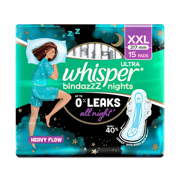 Whisper Bindazzz Ultra Nights Sanitary Pads XXL, 15 Count