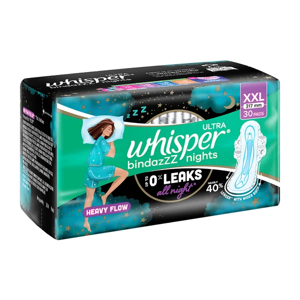 Whisper Bindazzz Ultra Nights Sanitary Pads XXL, 30 Count, Pack of 1