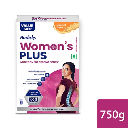 Horlicks Women's Plus Caramel Flavour Nutrition Powder 750 gm Refill Pack | Calcium, Vitamin D & K2 | Enhance Bone Density | Support Muscles Health