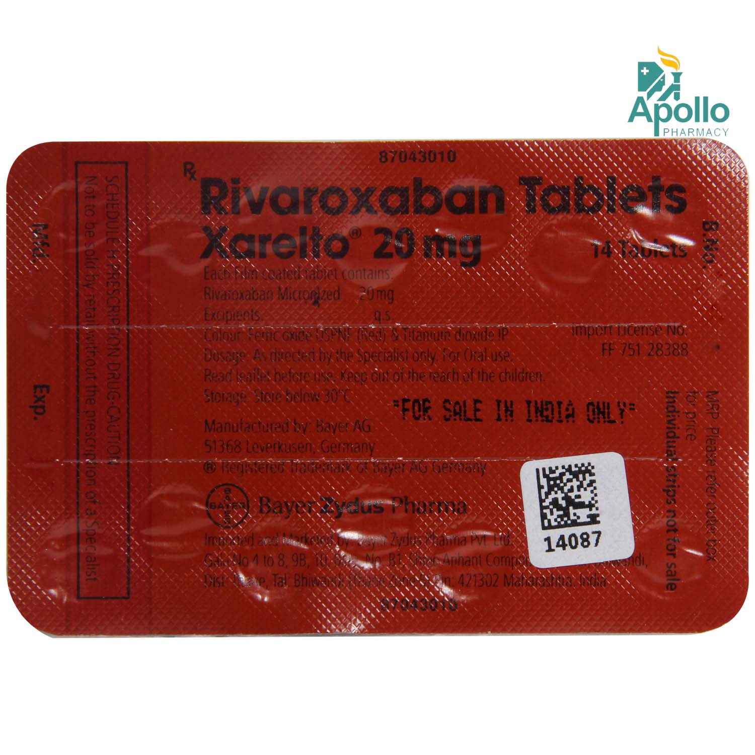 Xarelto 20 mg Tablet 14's, Pack of 1 Tablet Xarelto 20 mg Tablet 14's, Pack of 1 Tablet