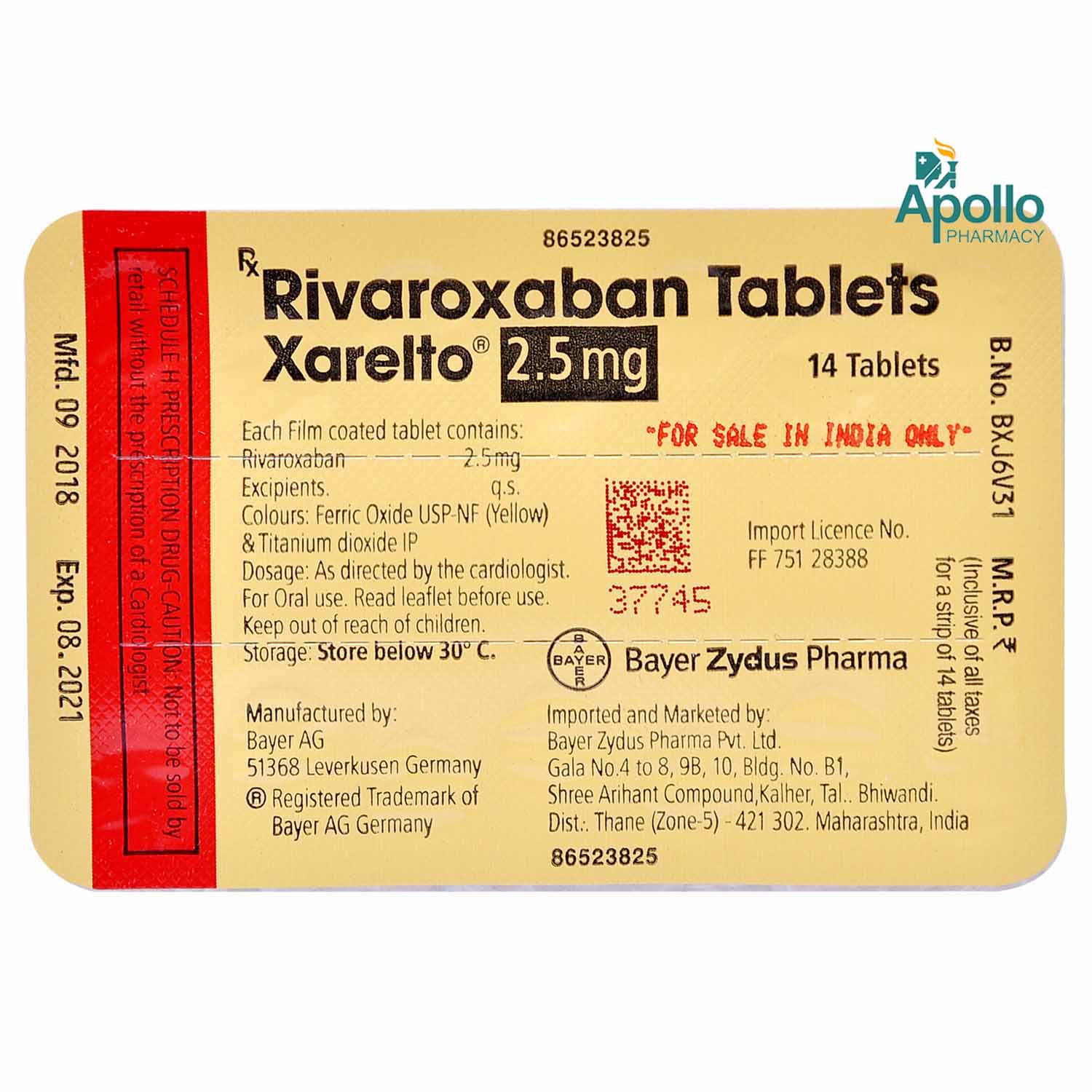 Xarelto 2.5 mg Tablet 14's, Pack of 1 TABLET Xarelto 2.5 mg Tablet 14's, Pack of 1 TABLET